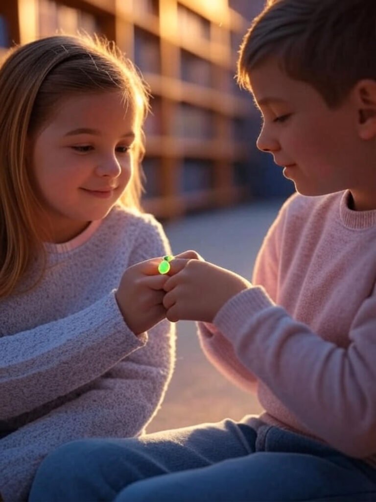 Kid passing neon bracelet, blurry library, golden glow.