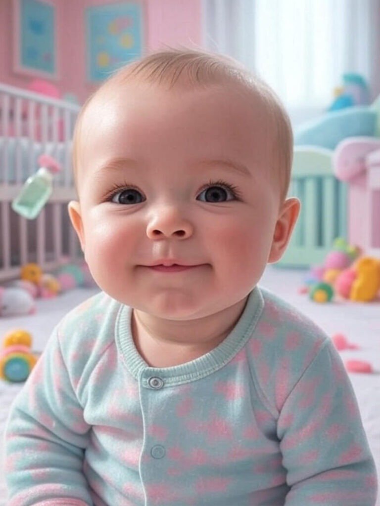 Baby babbling in messy nursery.