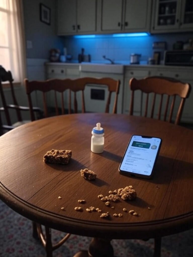 Vintage kitchen at dawn, leaky bottle, chewed granola, phone on forum, electric blue pop.