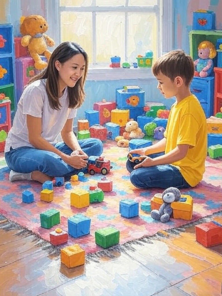 Parent, kid, colorful therapy.