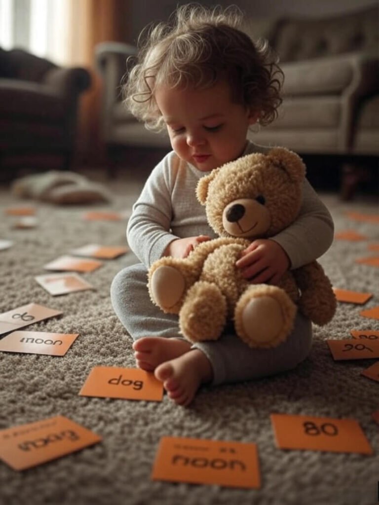 Toddler chaos, flashcards, funny talk.