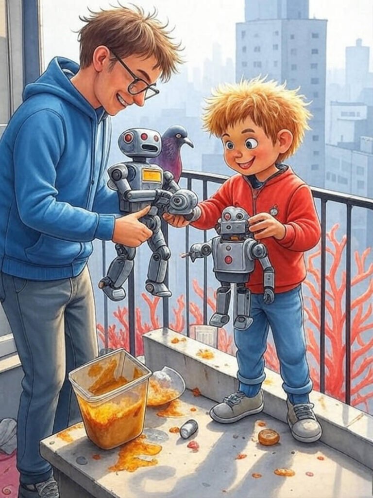 Messy Leo Balcony: Robot, Juice, Quirky Vibes