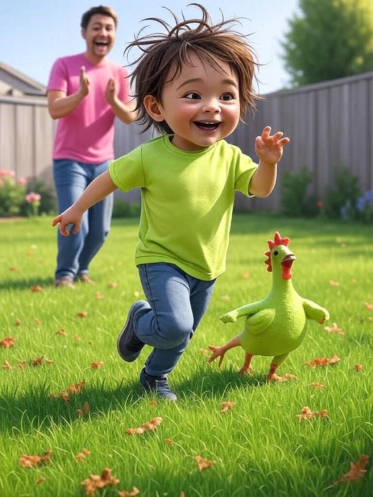 Cartoon Kid Sprinting with Rubber Chicken Fu