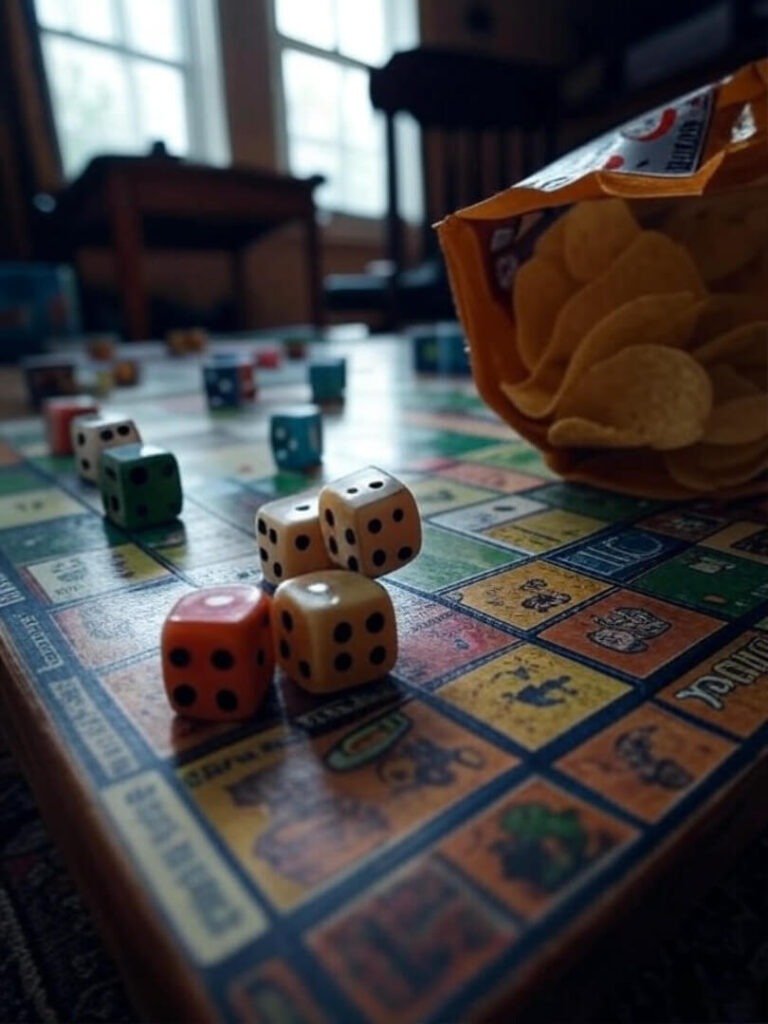 Cluttered Board Game Chaos, Vintage Tilted View