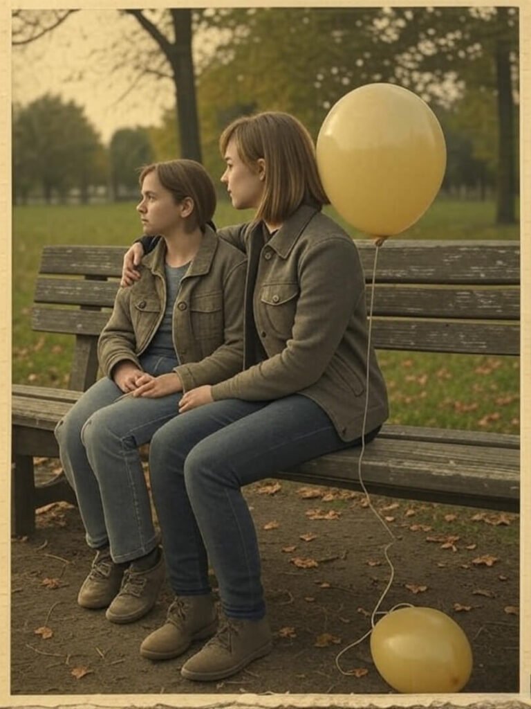 Vintage Park Bench: Ellie, Me, Deflated Balloon