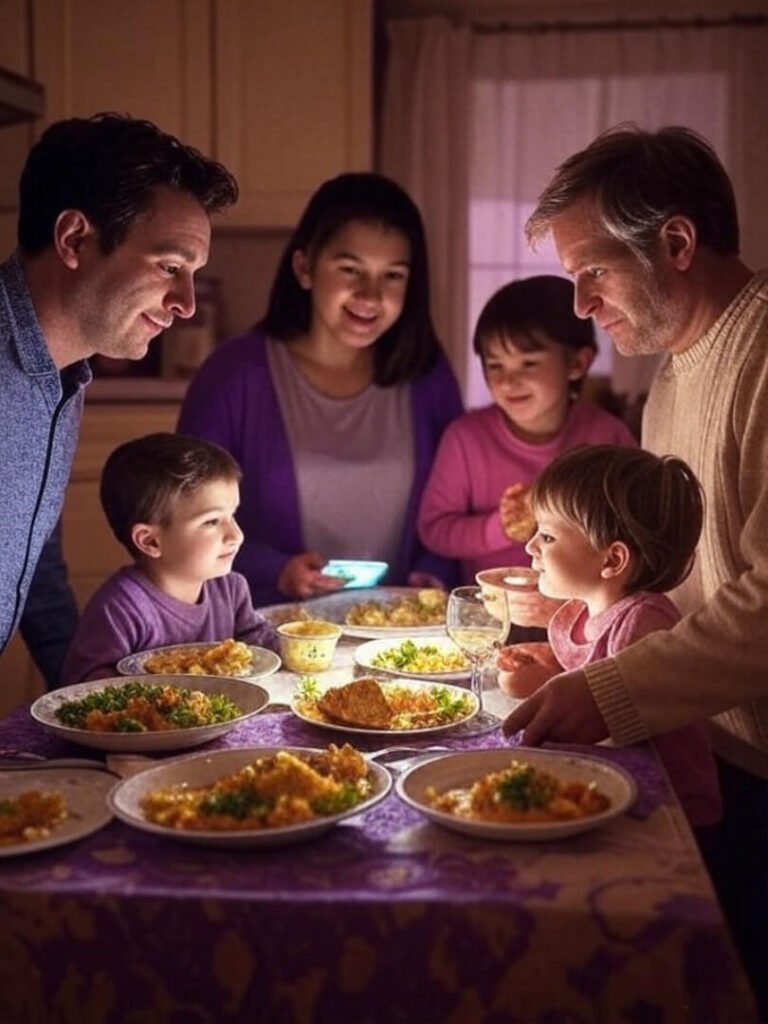 Family Squabble, Glowing Phone, Vintage Kitchen Chaos
