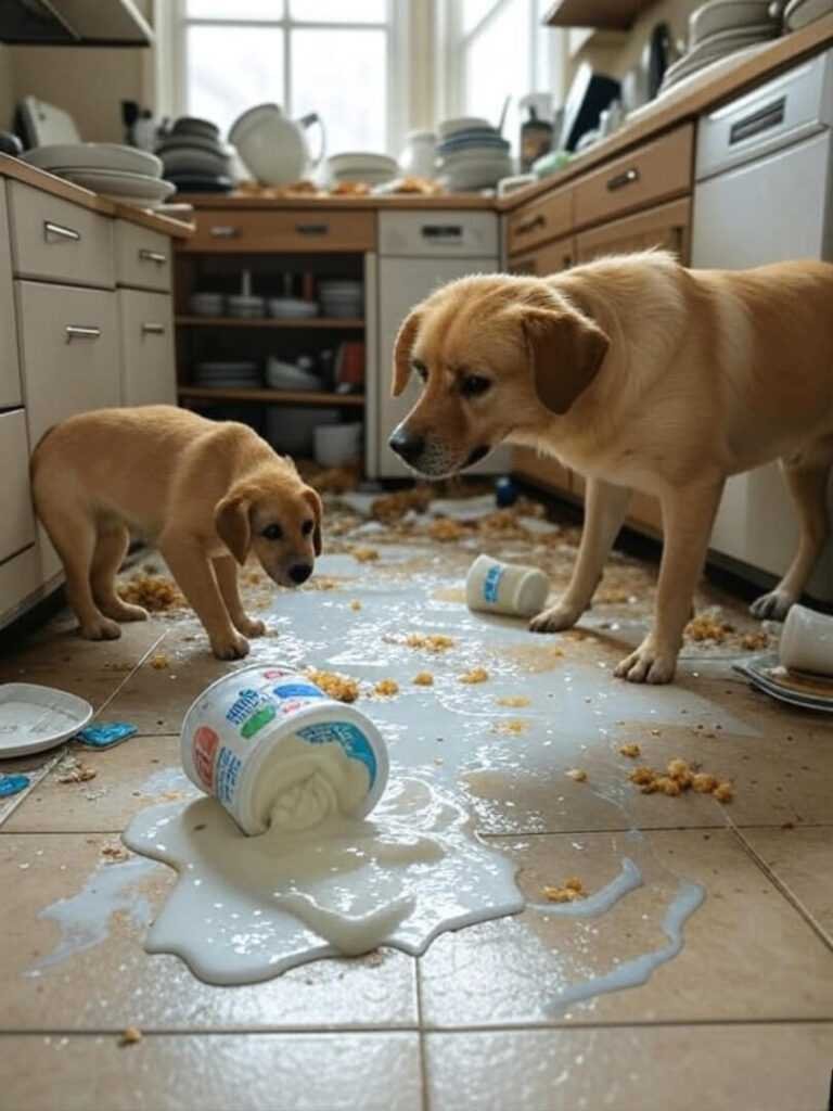 Yogurt Spill Chaos: Dog’s Messy Kitchen Fiasco