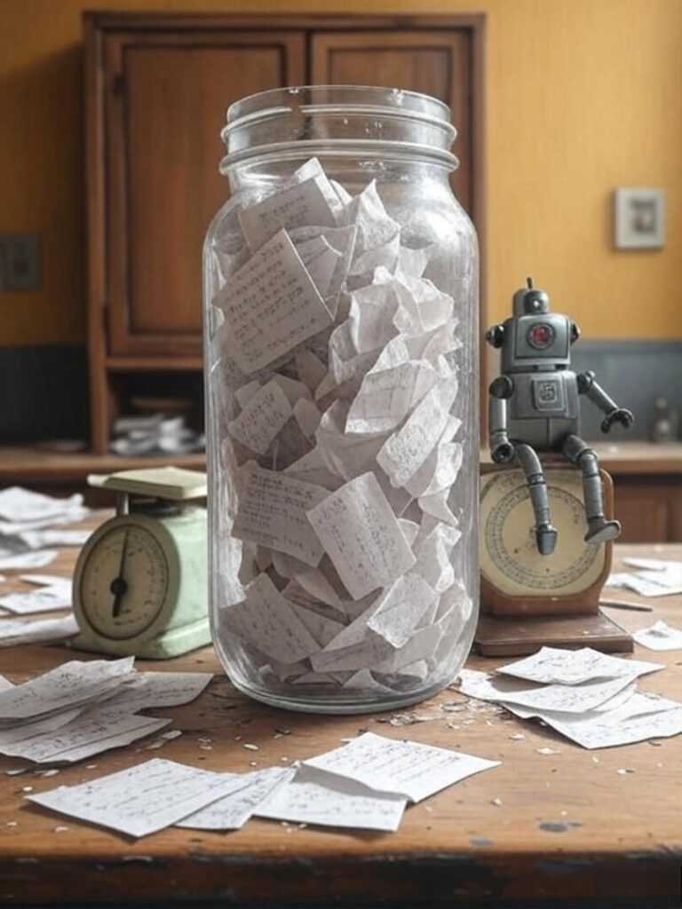 Vintage Jar Notes, Robot, Messy Counter Scene