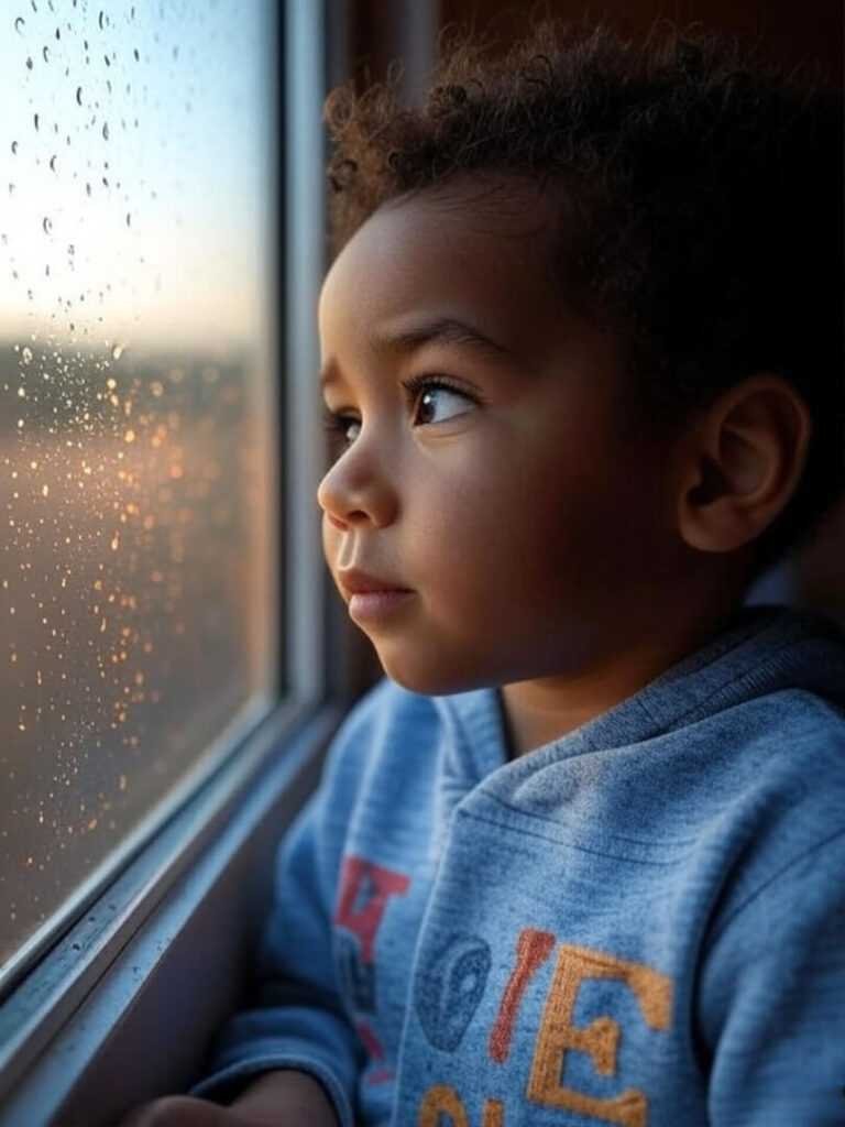 Kid at rainy window for personal stories on recognizing anxiety and depression in children.