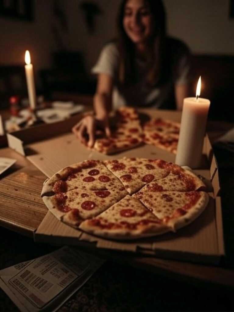 Bittersweet Pizza Night with Flickering Candle