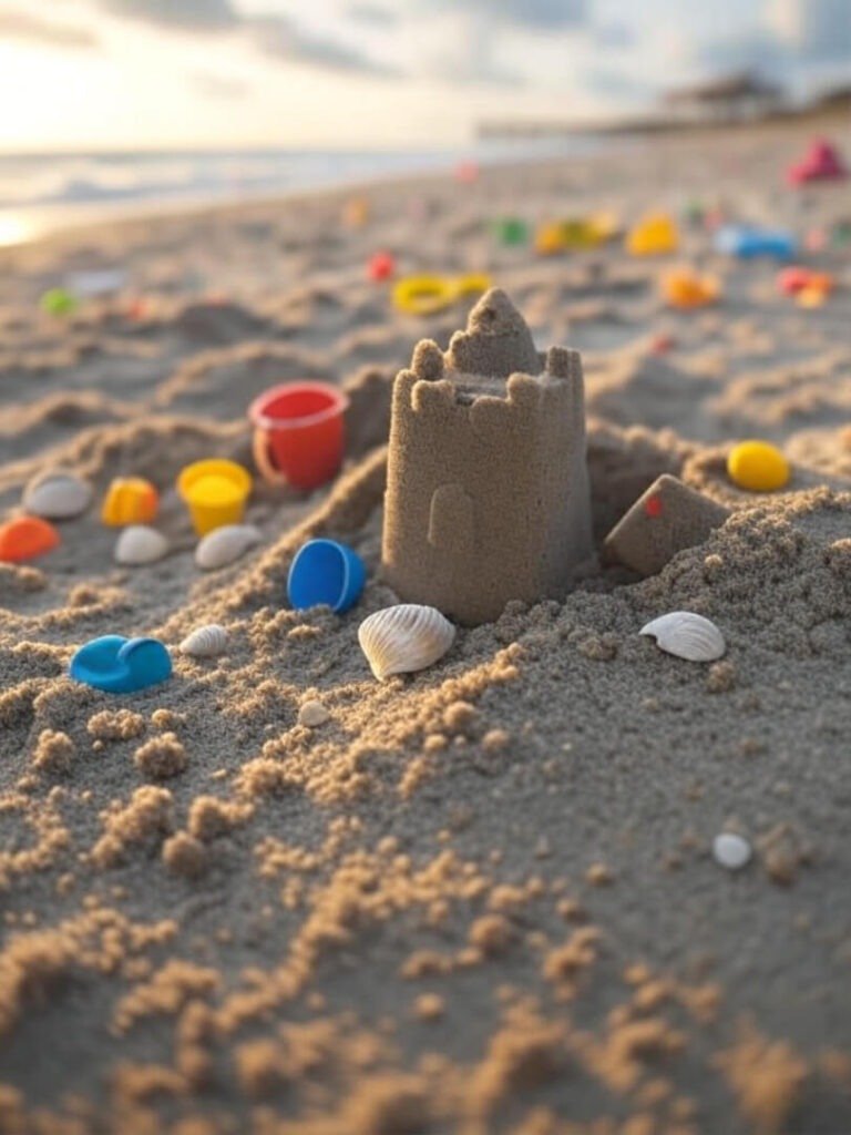 Messy Beach: Toppled Sandcastle, Scattered Toys