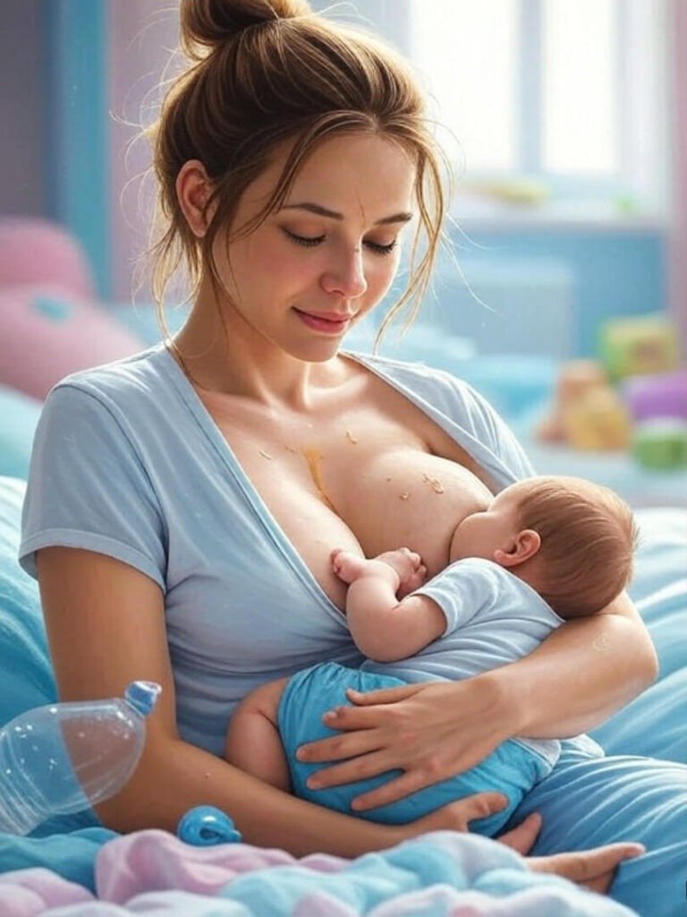 Frantic breastfeeding, stain, fallen water.