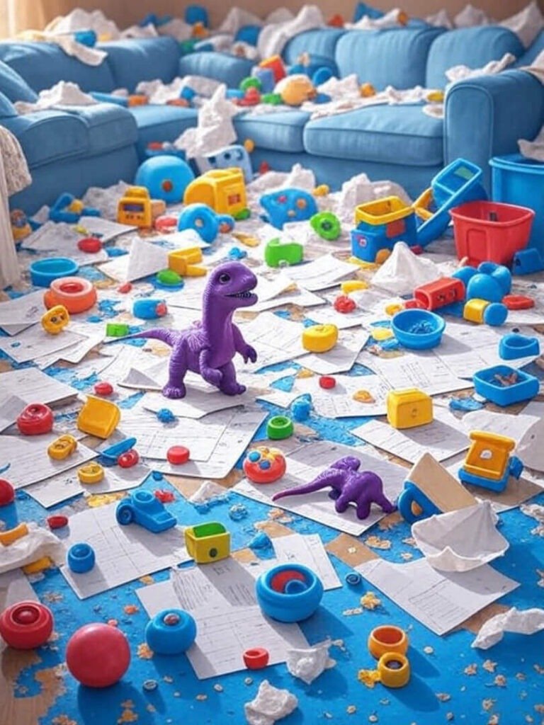 Chaotic Toy Mess: Purple Dino Rules the Floor