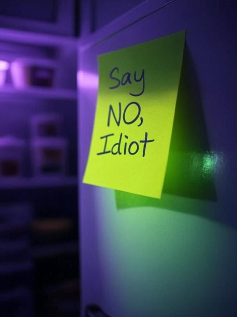 My janky reminder to practice the art of saying no, stuck on my fridge.