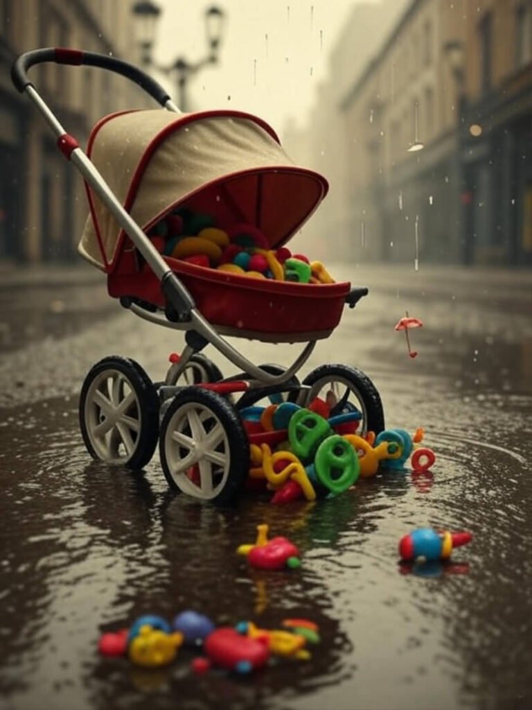 Rainy Stroller Mishap with Spilling Toys
