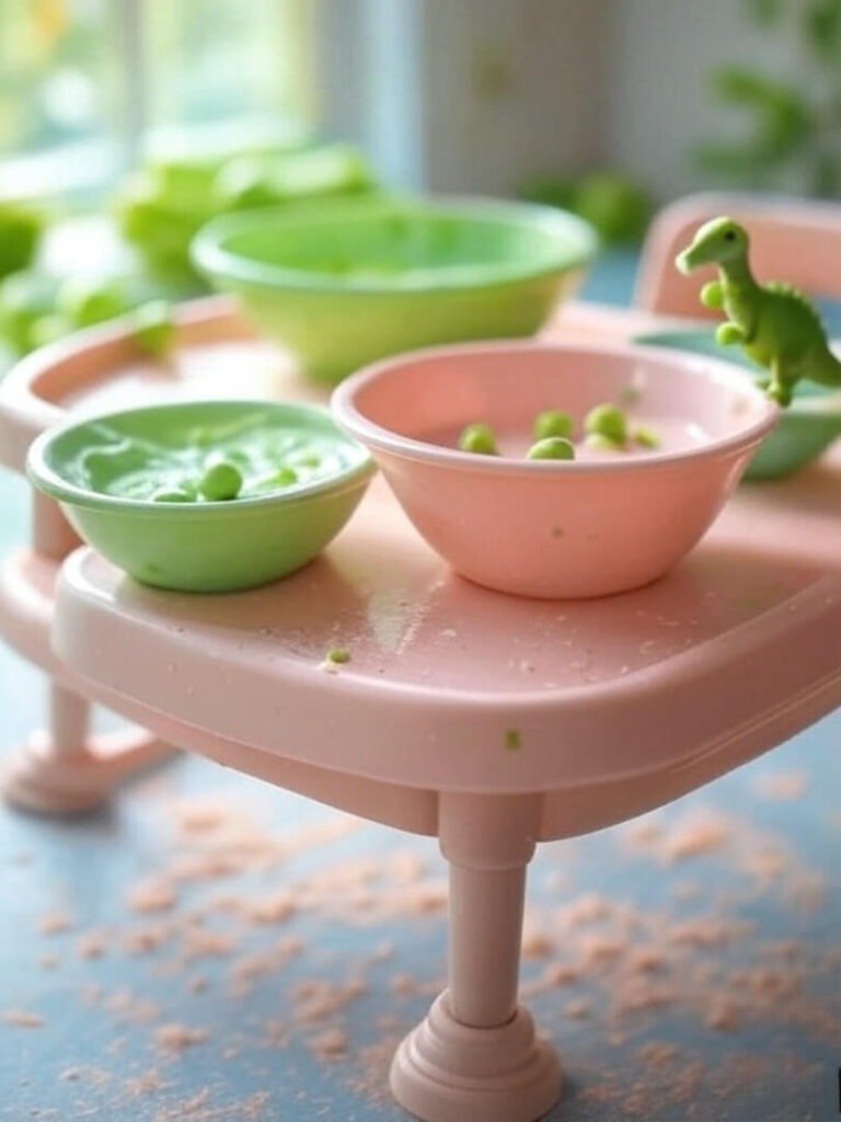 Highchair with dinosaur, pea bowls.