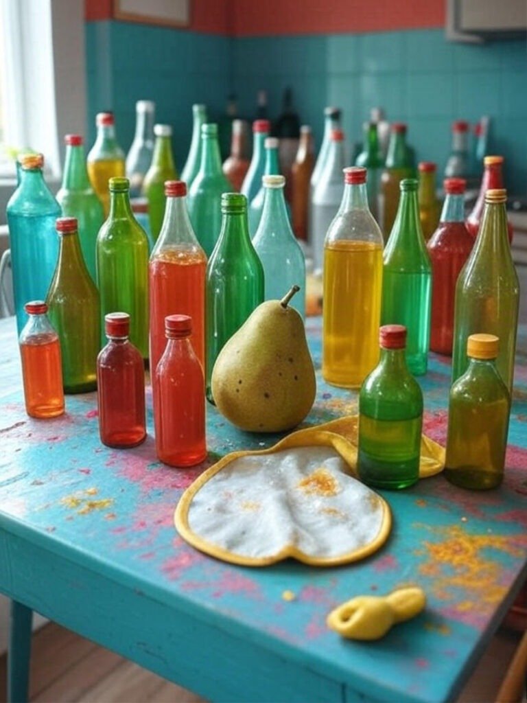 Chaotic kitchen table with bottles, smushed pear, and bib in bright reds and teals.