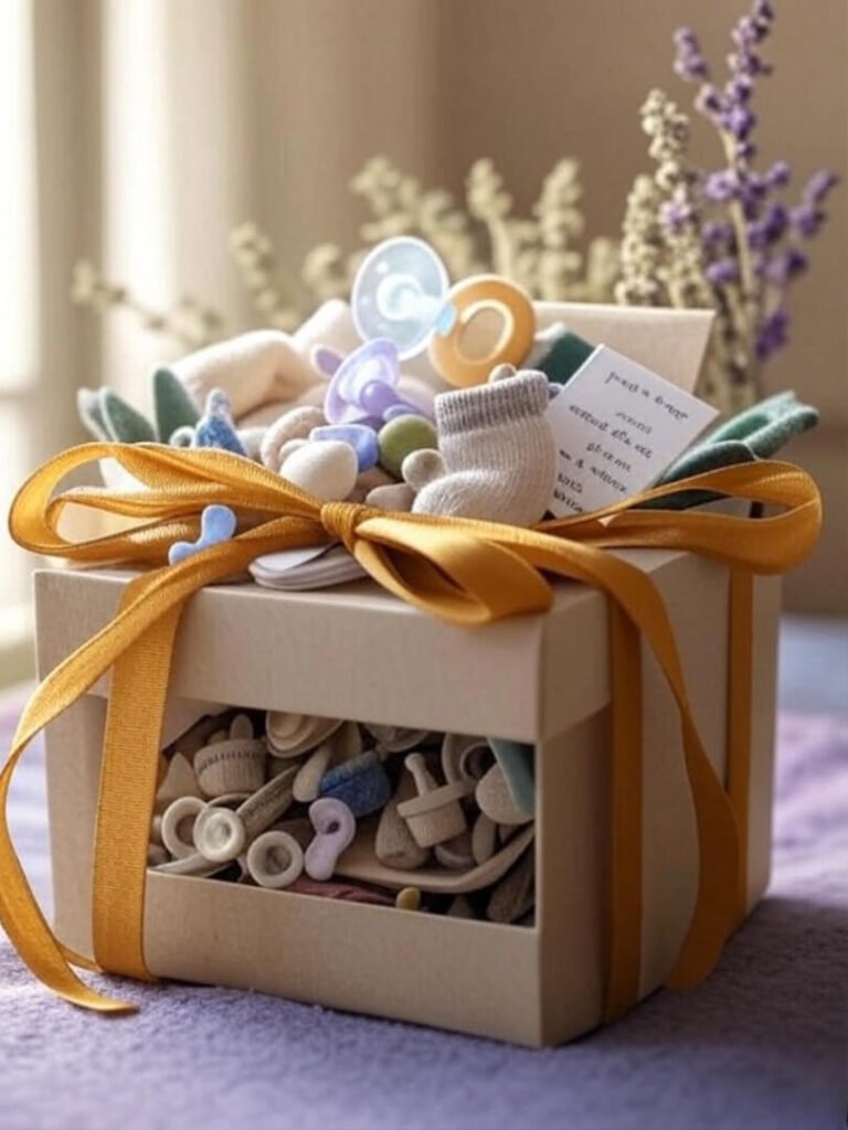 Overfilled keepsake box with pacifier, sock, mustard ribbon.