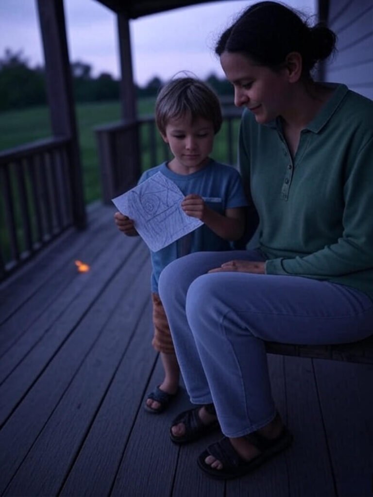 Parent and kid with drawing, fireflies, dusk porch.