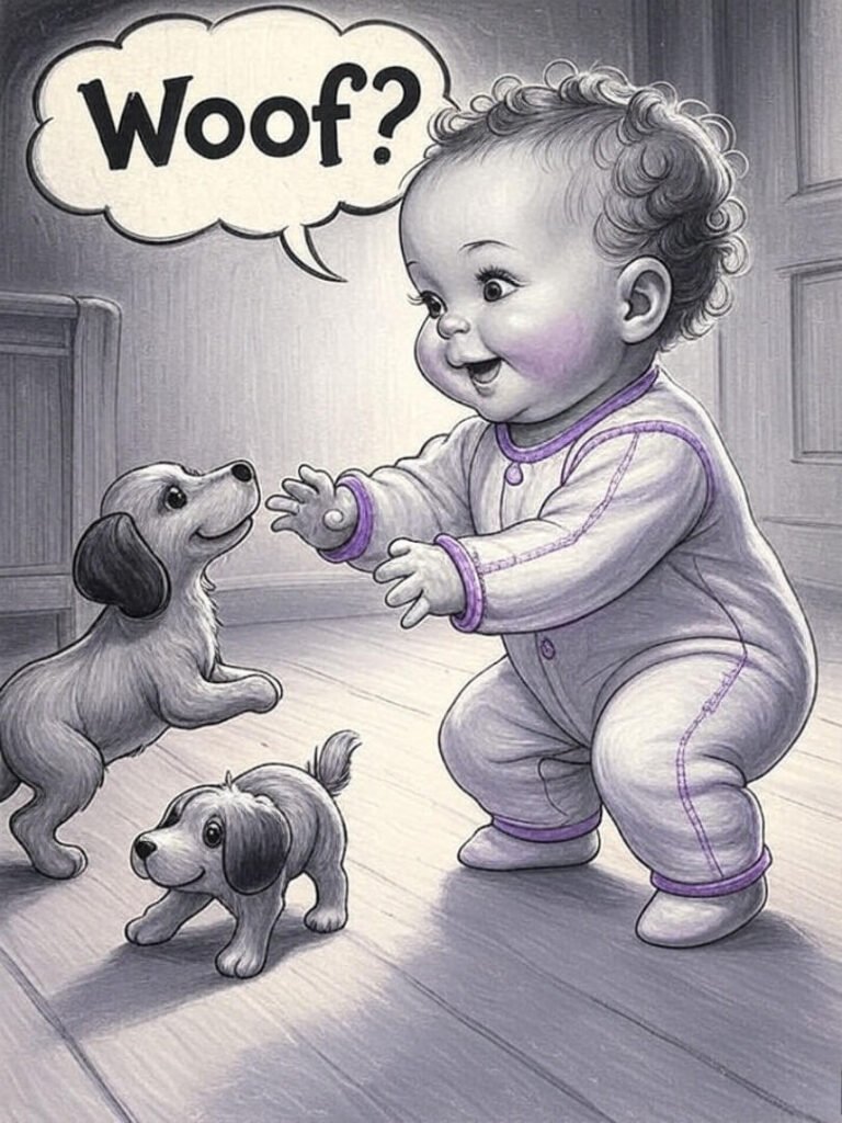 Baby with toy dog, "Woof?".