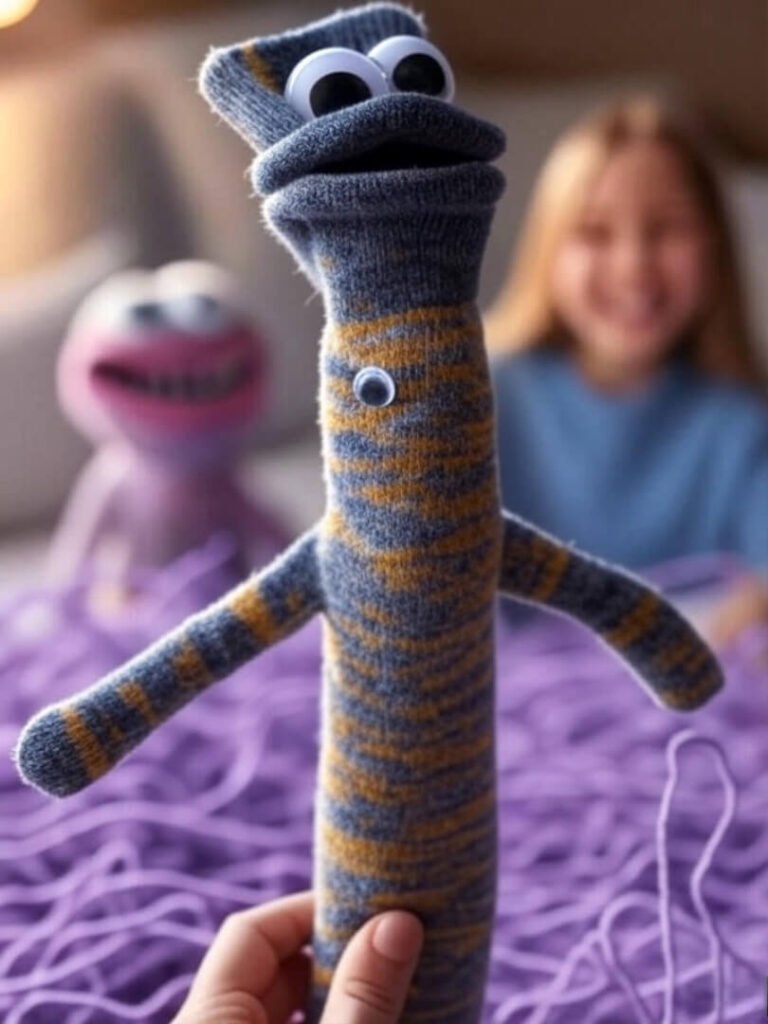 Janky puppet, yarn mess, blurry grin.