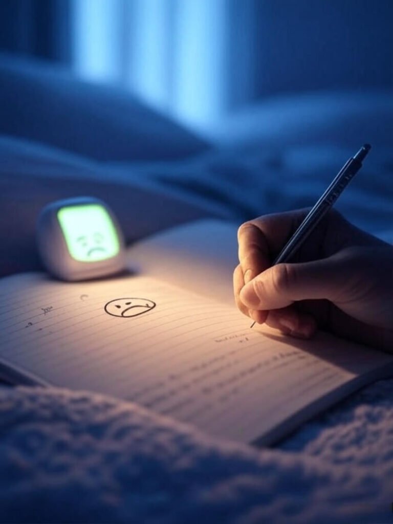 Hand writing sleep notes, glowing baby monitor, frowny face, blue-pink tones.