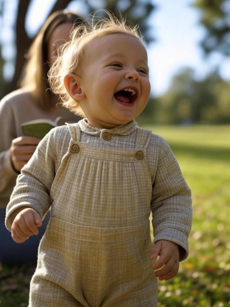 Toddler laughing, parent stressed.