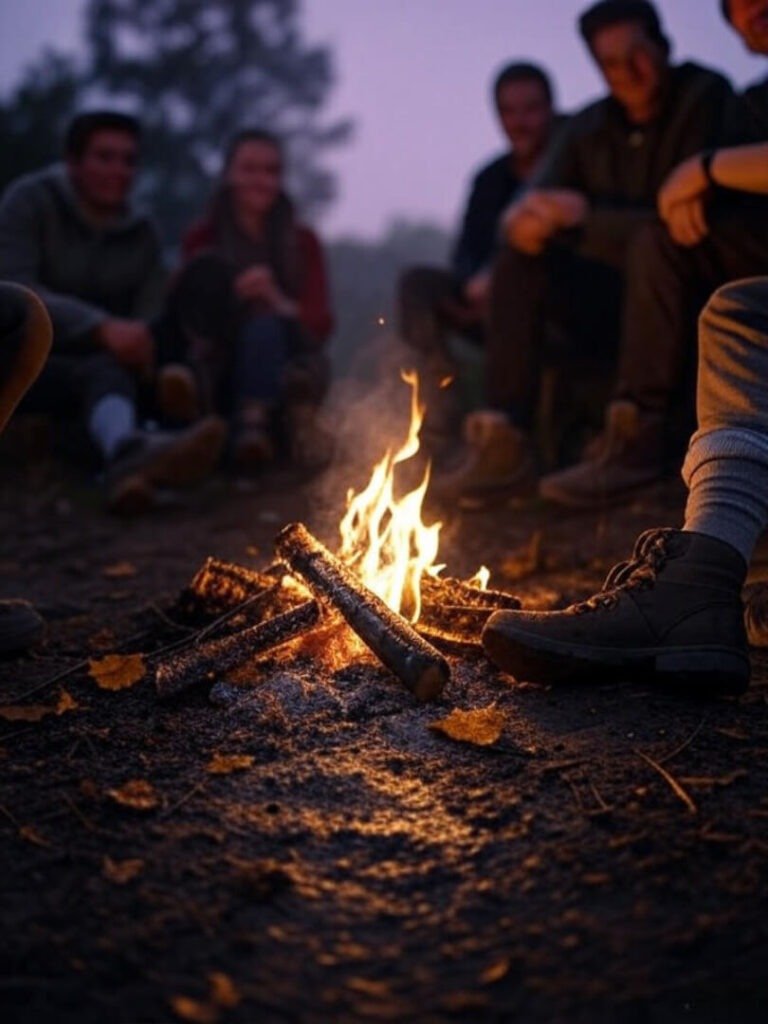 Outdoor Adventures: Campfire, Muddy Boots, Lavender Sky