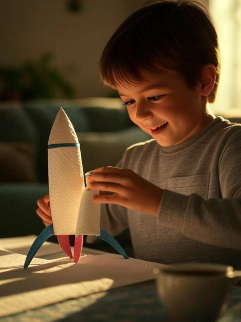 Kid Builds Wobbly Rocket with Coffee Mug View