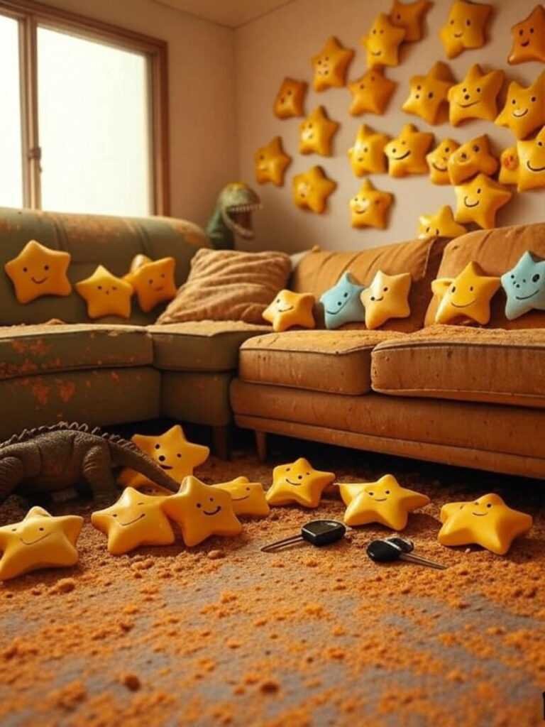 etro comic book vibe, with dusty oranges and sage greens, feeling wryly humorous.