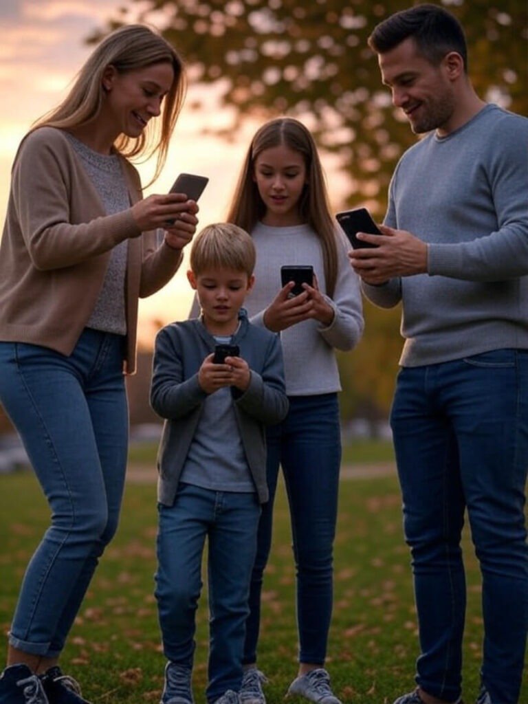 Family at Sunset, Glued to Phones