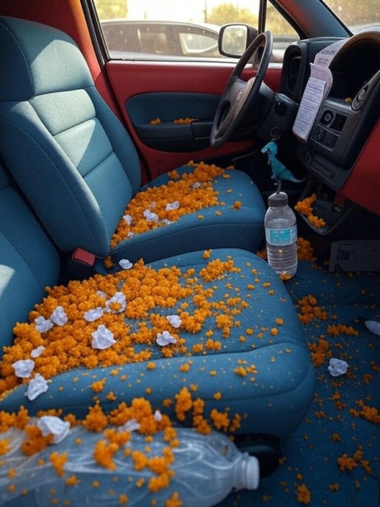 Messy Car Seat with Dinosaur and Crumbs
