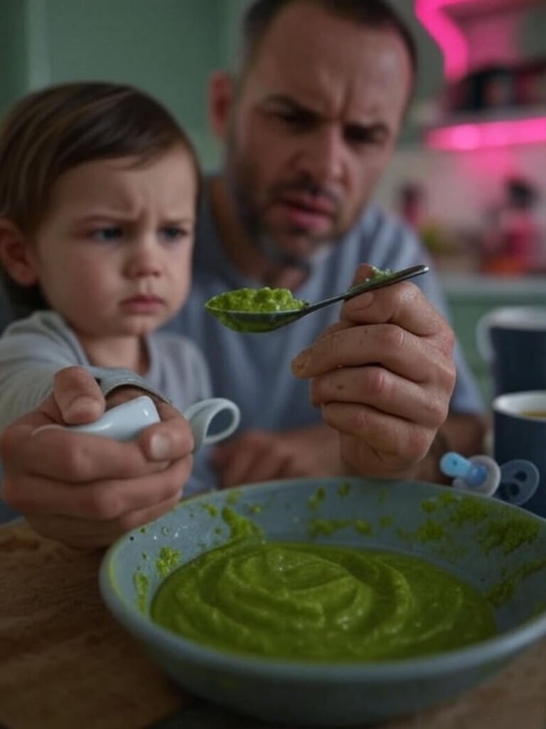 Skeptical kid, puree chaos.