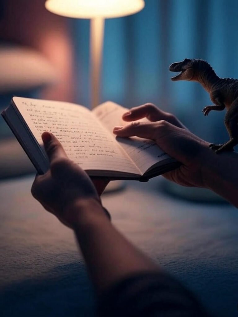 Journaling Hope: Dinosaur Peeks in Soft Glow