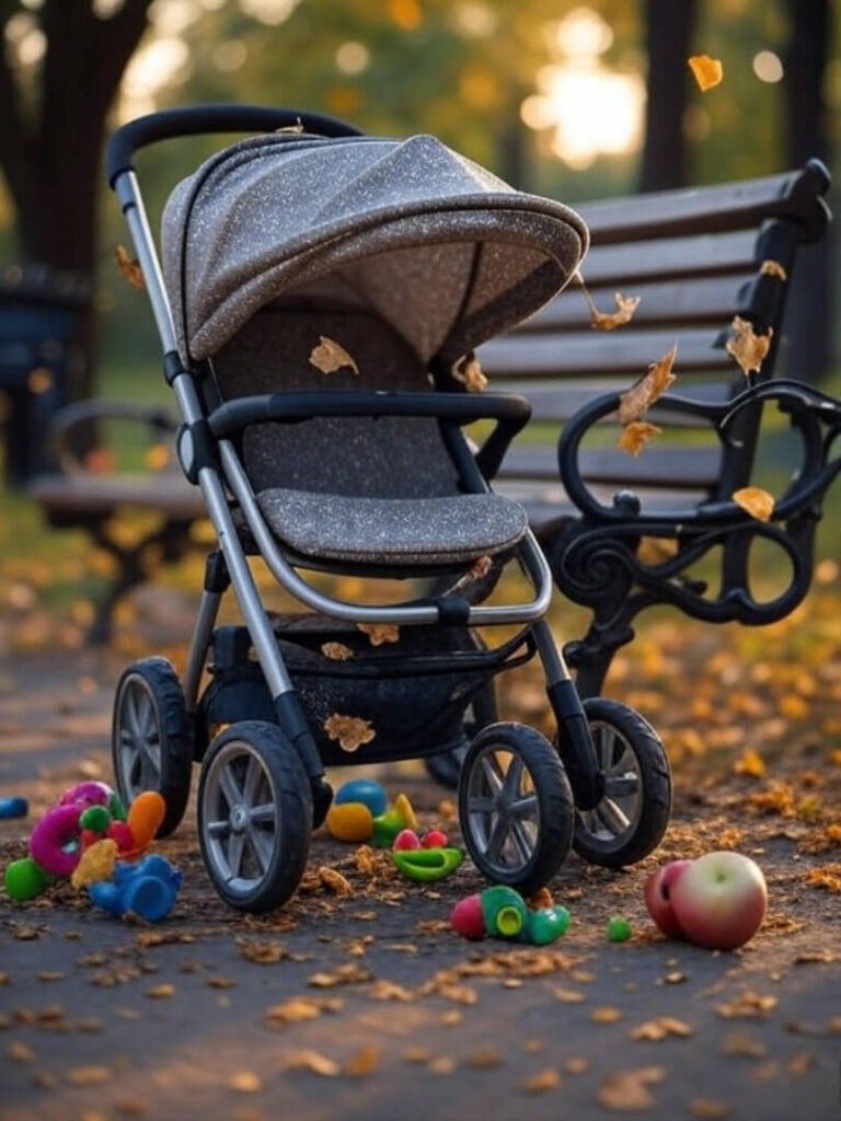 Stroller Chaos on Bench with Snack Mess