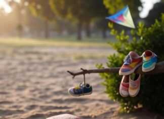 The Importance of Play in Child Development Hazy Photorealistic Sandbox Scene with Toy Truck, Sneakers, and Kite