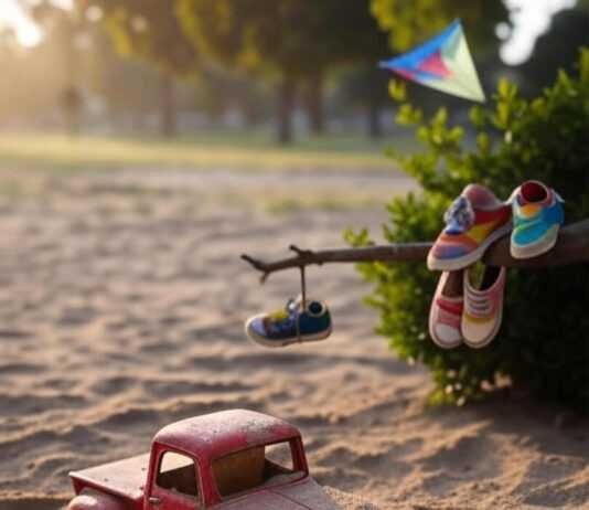 The Importance of Play in Child Development Hazy Photorealistic Sandbox Scene with Toy Truck, Sneakers, and Kite