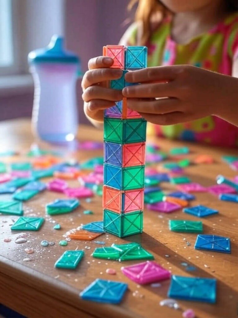 Messy Magna-Tile Tower with Leaking Sippy Cup