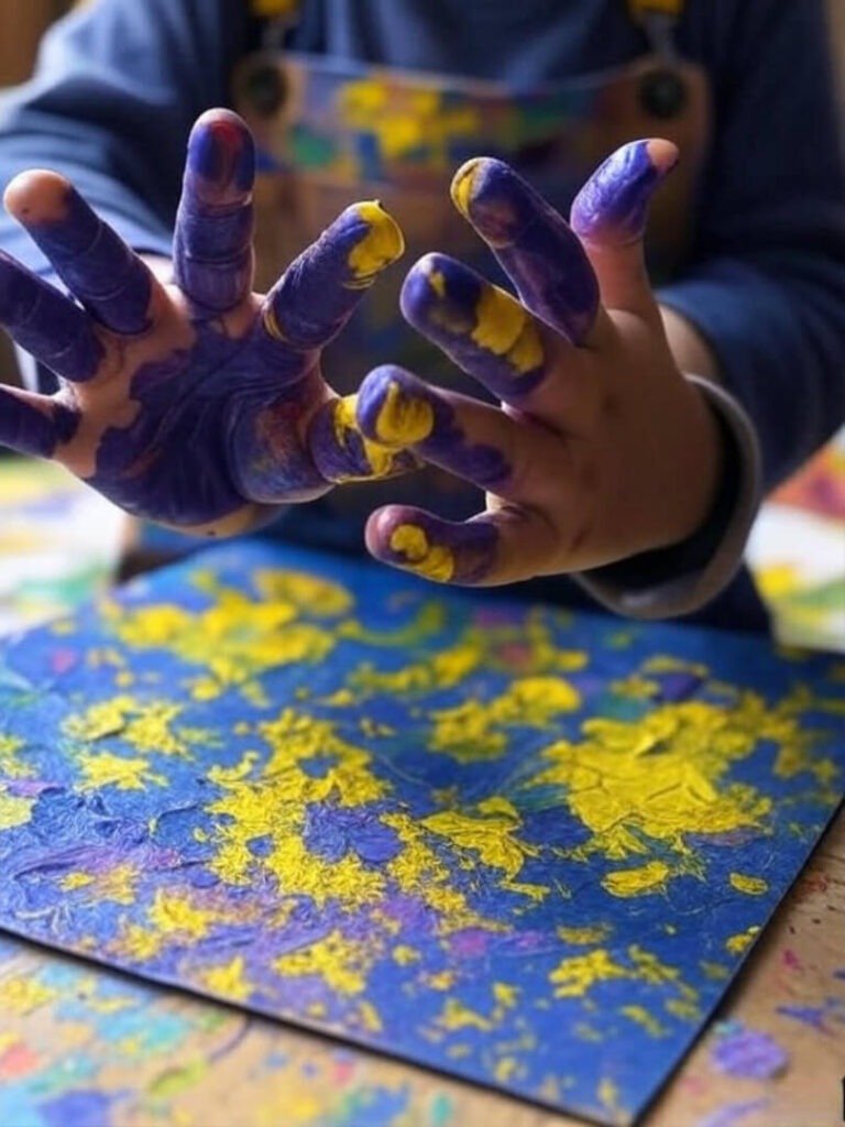 Joyful Kid's Finger Paint Art Close-Up
