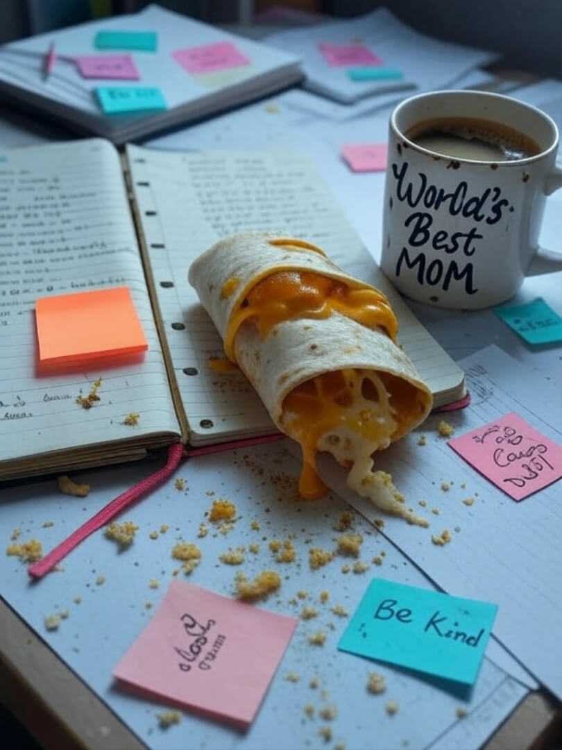 Messy Desk: Hopeful Chaos with Burrito and Notes Messy Desk: Hopeful Chaos with Burrito and Notes