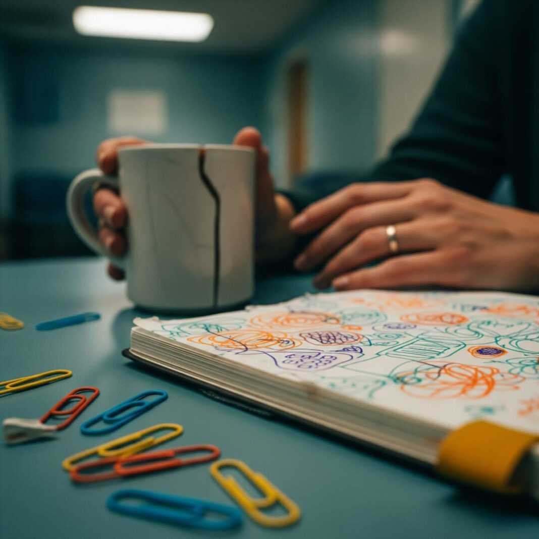 Parent's hands, child's sketchbook, coffee mug, paperclips. Parent's hands, child's sketchbook, coffee mug, paperclips.