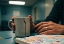 Help for Childs Mental Health: My Total Trainwreck Story Parent's hands, child's sketchbook, coffee mug, paperclips.