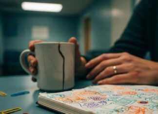 Parent's hands, child's sketchbook, coffee mug, paperclips.
