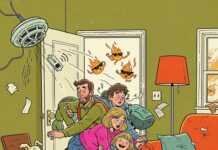 Fire Safety Plans: Preparing Your Family for Emergencies Chaotic family fire drill in a messy living room.