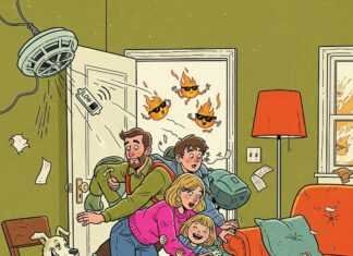 Fire Safety Plans: Preparing Your Family for Emergencies Chaotic family fire drill in a messy living room.