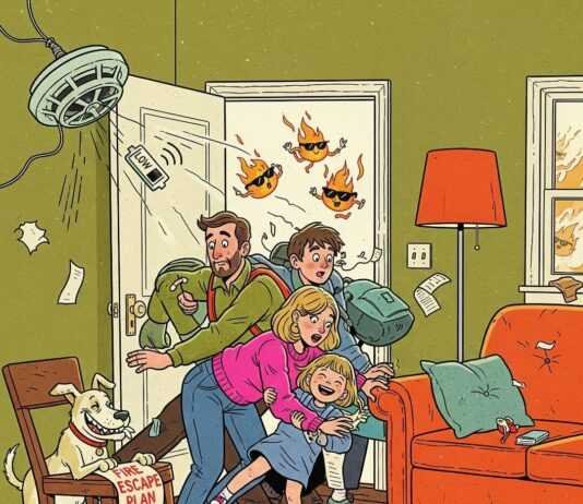 Fire Safety Plans: Preparing Your Family for Emergencies Chaotic family fire drill in a messy living room.