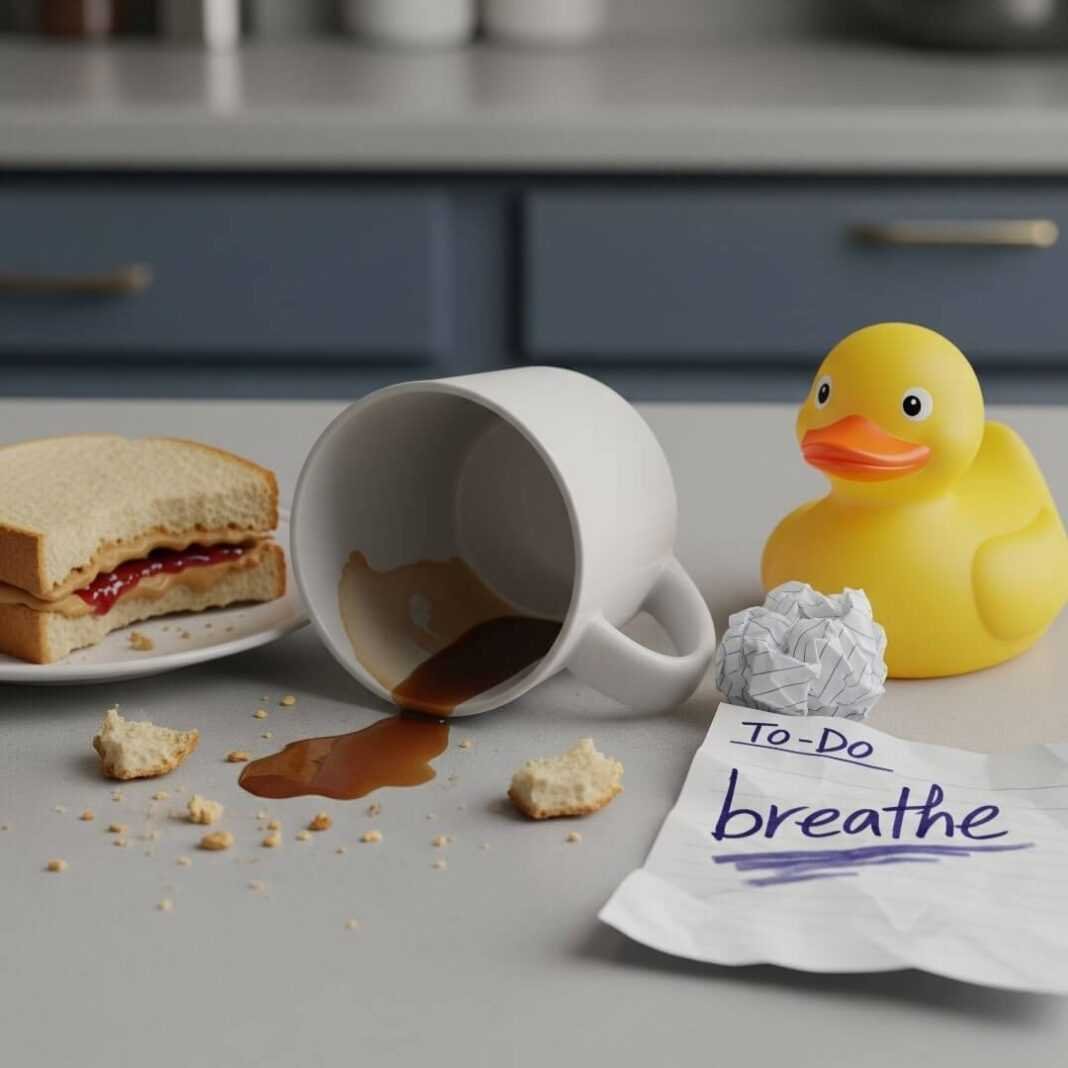 Messy kitchen counter, spilled coffee, rubber duck. Messy kitchen counter, spilled coffee, rubber duck.