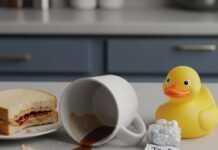 Overcoming Parental Burnout: Signs and Solutions Messy kitchen counter, spilled coffee, rubber duck.