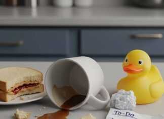 Messy kitchen counter, spilled coffee, rubber duck.