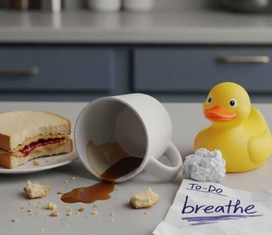 Overcoming Parental Burnout: Signs and Solutions Messy kitchen counter, spilled coffee, rubber duck.
